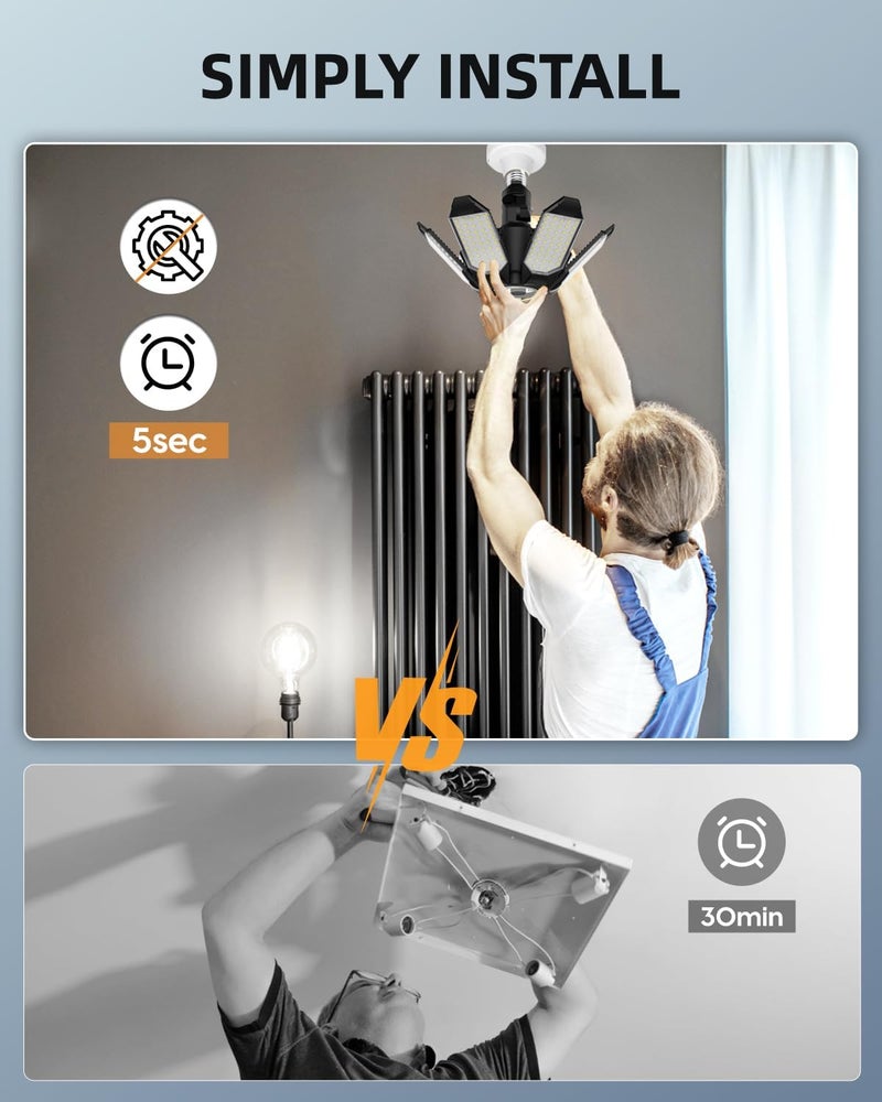 Adiding LED Garage Light Rotatable, Bright Basement Shop Ceiling Bay Lighting Fixture w/ 6 Adjustable Panels Screw in E26 E27 Bulb Base for Attic, Shed, Warehouse, Home Gym, Utility, Workshop - Image 3
